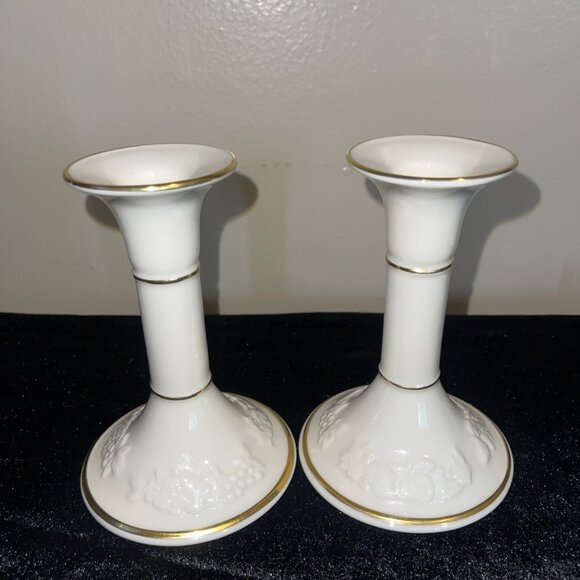 Vintage Lenox Fruits Of Life Candlesticks 1995 Ivory & Gold 6" Made In The USA - Picture 1 of 15